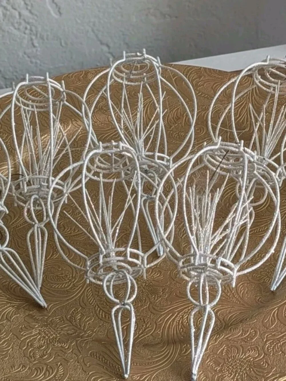 7 Vtg Wire Cage Finial Christmas Ornaments W/ Glitter And Textured Metal